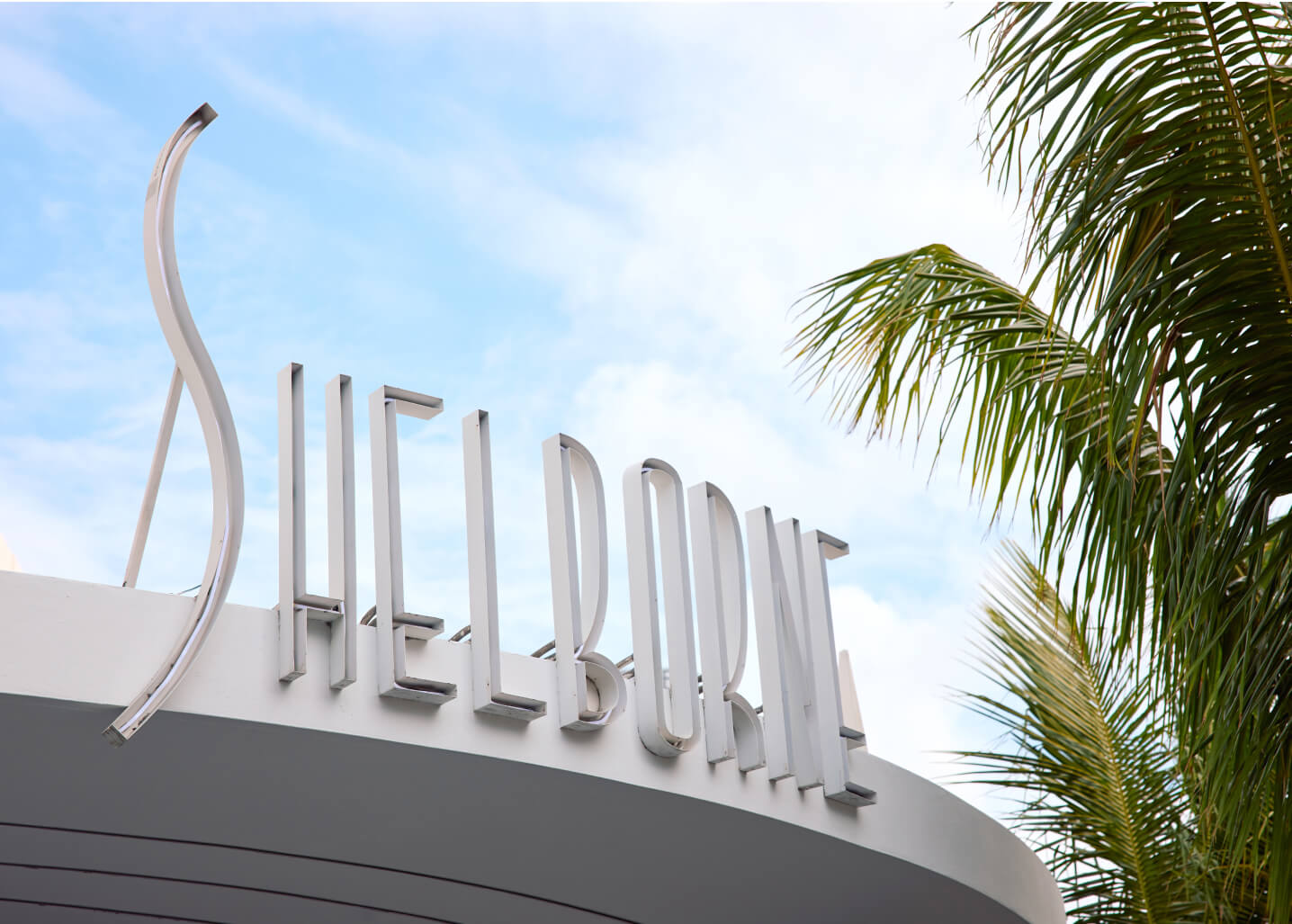 The Shelborne Miami Beach entrance signage surrounded by tropical palm trees and modern Art Deco inspired architecture.