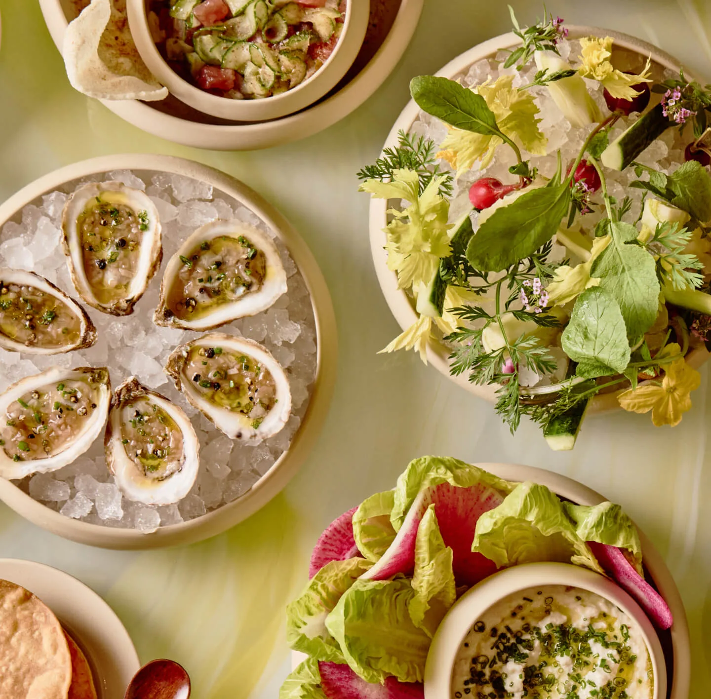 A table spread photographed from above: oysters on crushed ice, a green herb salad, a whipped dip scattered with radish and a bowl of crudites.